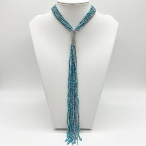 Multi Strand Blue Faux Turquoise Beads and Silver Long Necklace